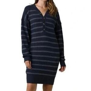 New prAna Melani Henley Waffle Knit Mini Dress Navy White Nautical Stripe Sz S